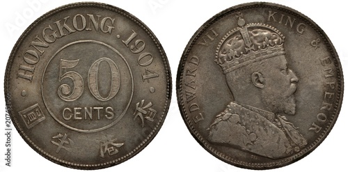 Hong Kong silver coin 50 fifty cent 1904, denomination in central circle, hieroglyphs below, bust of King Edward VII right, photo