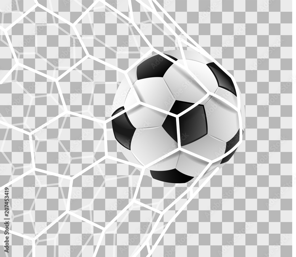 Naklejka Piłki nożnej piłka w cel sieci odizolowywającym przejrzystym tle