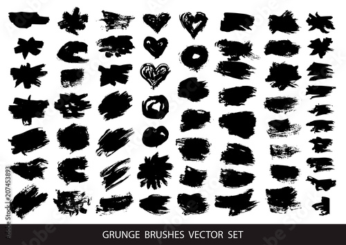 Set of black paint, ink brush strokes, brushes, lines. Dirty artistic design elements, boxes, frames for text. Vector illustration.