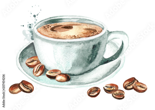Cup of morning coffee with coffee beans. Watercolor hand drawn illustration  isolated on white background