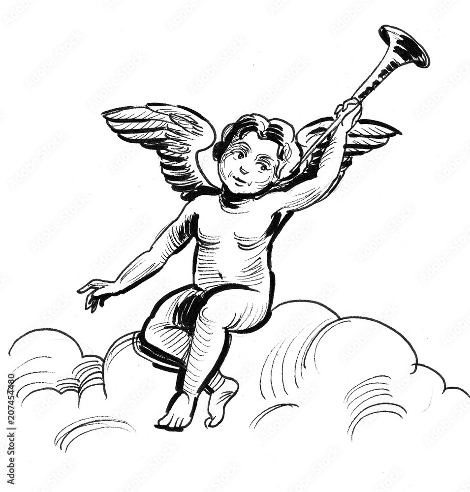 Cupidon in the skies. Ink black and white drawing Cupidon in the skies. Ink black and white drawing