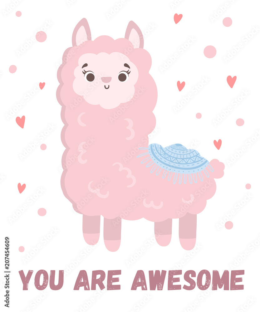 Vector greeting card with cute llama. Poster with adorable object on background, pastel colors Vector greeting card with cute llama. Poster with adorable object on background, pastel colors