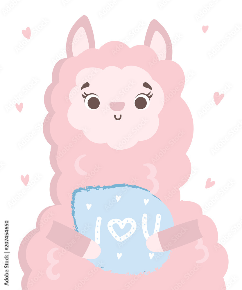 Vector poster with cute llama. Postcard with adorable object on background, pastel colors Vector poster with cute llama. Postcard with adorable object on background, pastel colors