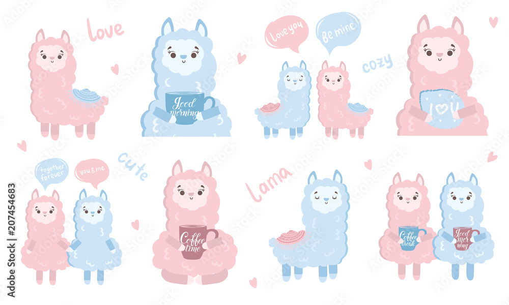 Vector set of stickers with cute llamas. Collection with adorable animals on background, pastel colors