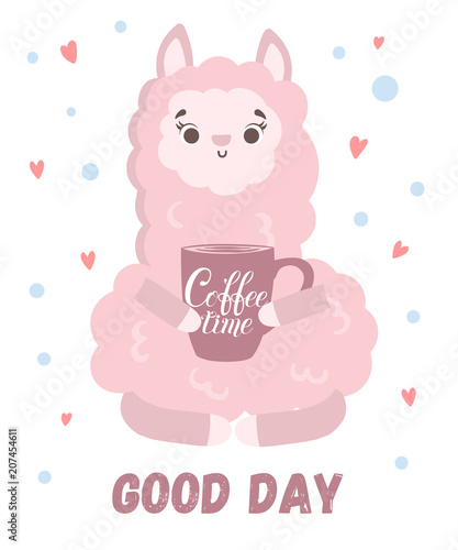 Vector greeting card with cute llama with coffee. Poster with adorable objects on background, pastel colors