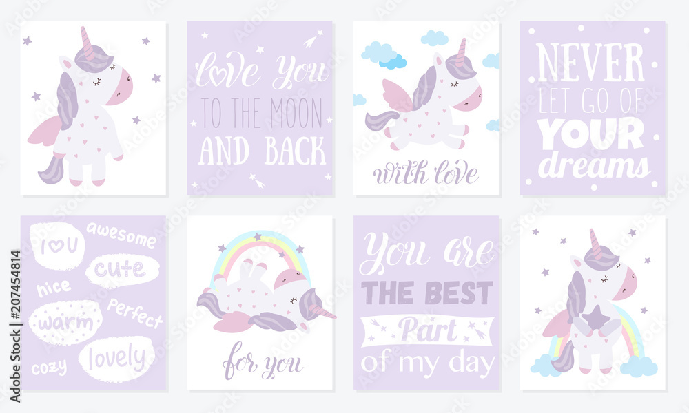 Vector set of postcards with cute unicorn Vector set of postcards with cute unicorn