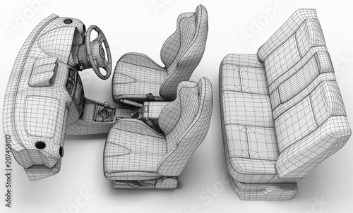 Car salon in the form of a grid.3D illustration