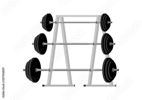 Vector illustration. Collection of barbell on the rack .