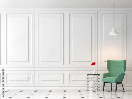 Fototapeta Naklejka Na Ścianę i Meble -  Modern classic living room 3d render,There are empty white wall,furnished with green fabric chair.