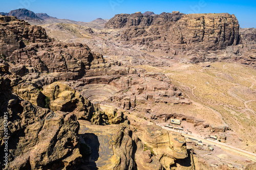 Aerial view of Roman Theater and Street Facades in Petra, Jordan
