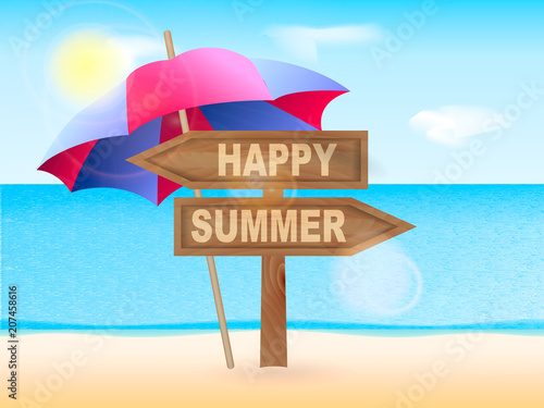 Wooden pointer Happy summer with beach umbrella. Vector illustration