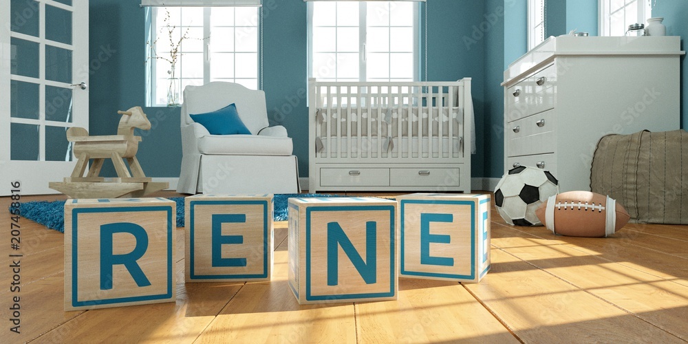 Naklejka premium The name rene written with wooden toy cubes in children's room