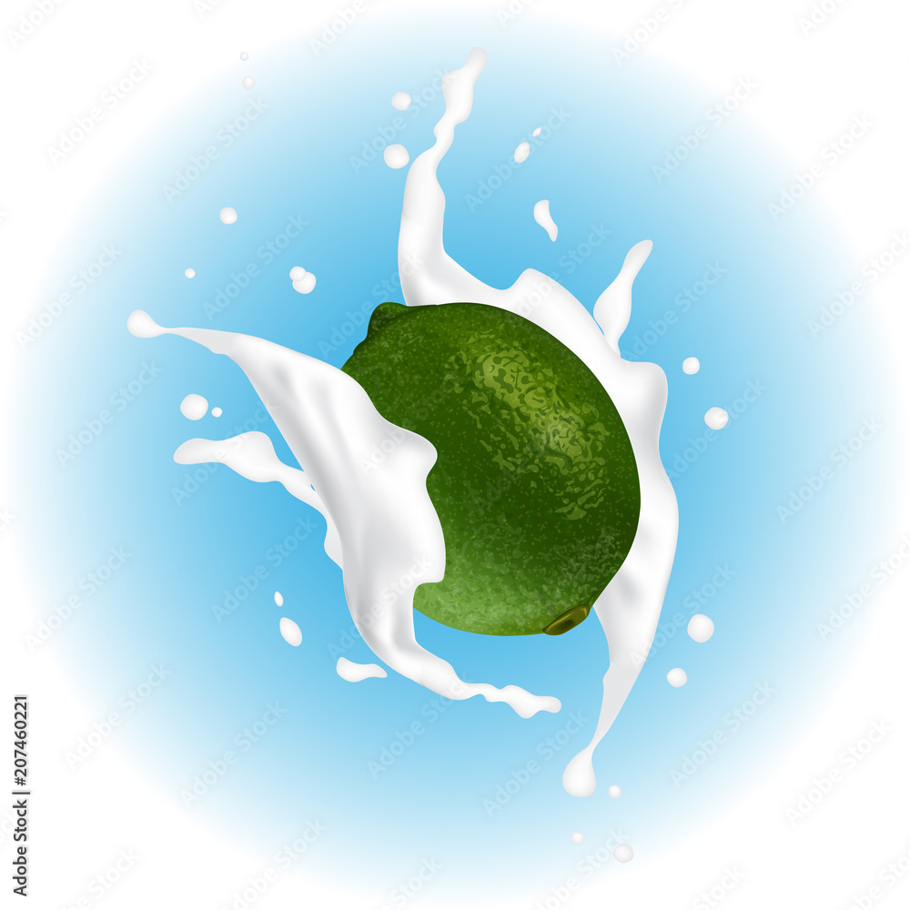 Juice milk yogurt lemon lime splashing. Juicy lemon lime splash