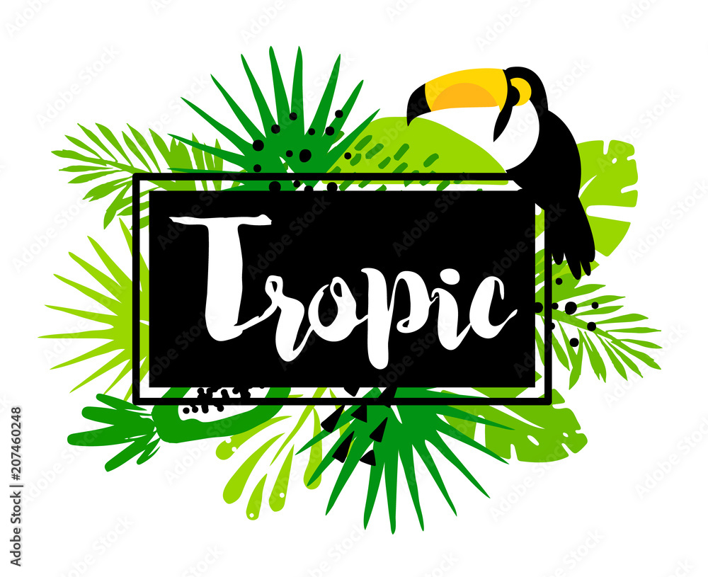Naklejka premium Trendy summer banner with palm leaves, toucan, tropical plants and text in frame on white background. Flat design. Vector card.
