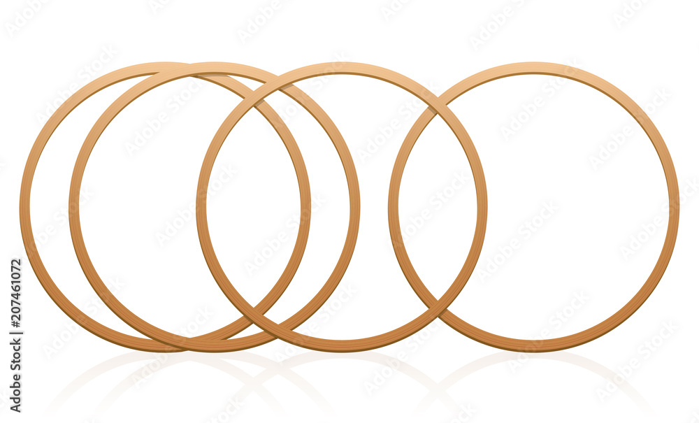 Gymnastic hoops. Wooden, round sports equipment for artistic exercise, workout, fitness and dance, or as toys for outdoor games. Isolated vector illustration over white. Gymnastic hoops. Wooden, round sports equipment for artistic exercise, workout, fitness and dance, or as toys for outdoor games. Isolated vector illustration over white.