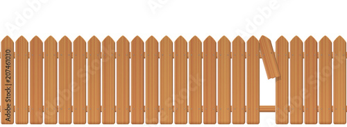 Wooden picket fence with gap in the fence. Palisade or stockade with broken plank and loophole to slip through, escape, bolt, run away, break free, flee, take off, slip away, sidle off. Illustration.