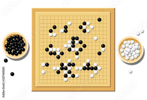 Gobang or go game board with a typical course of game, and two wooden bowls filled with black and white stones - a traditional chinese strategy game. Isolated vector illustration over white.