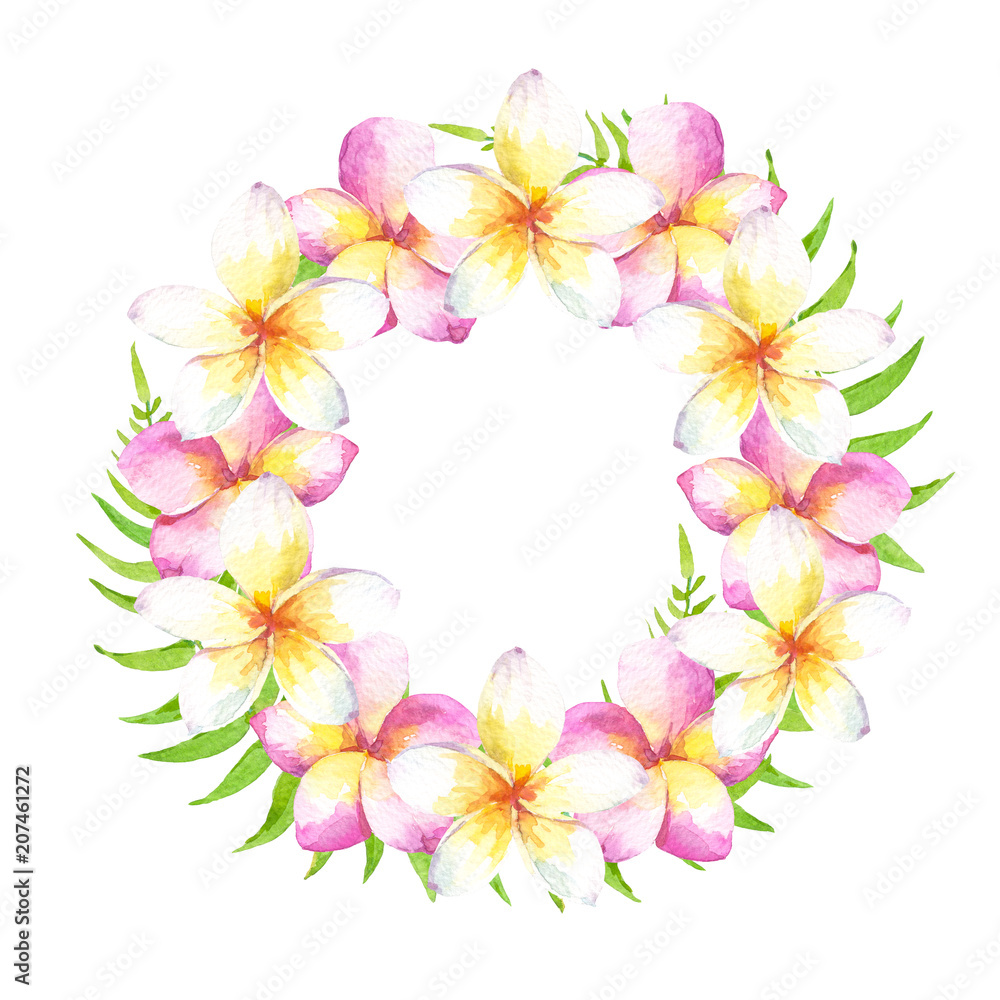 Watercolor tropical wreath with white, pink plumeria flowers and leaves. Can be used for cards, wedding invitation, save the date, greeting design or fabrics. Isolated on white background.