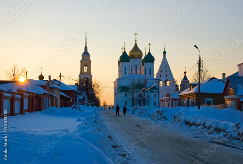 Historic center of Kolomna winter sunset view, Uspenskiy Cathedral