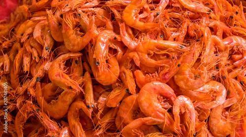 Close up of selective focus of group of shrimp, sun-dried prawns at a street market in San Cristobal de las Casas