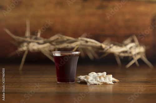 Christian Communion on a Wooden Table