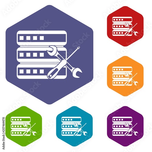 Database with screwdriver and spanner icons set rhombus in different colors isolated on white background