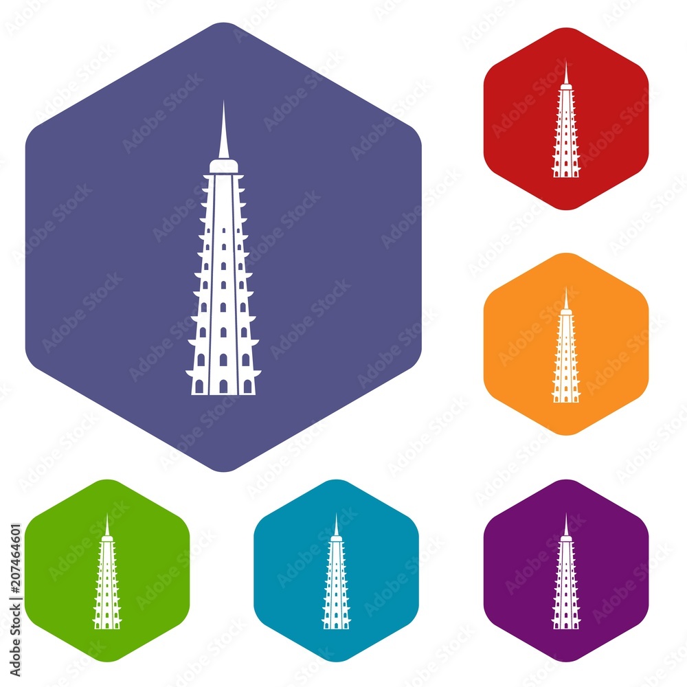 Temple icons set rhombus in different colors isolated on white background
