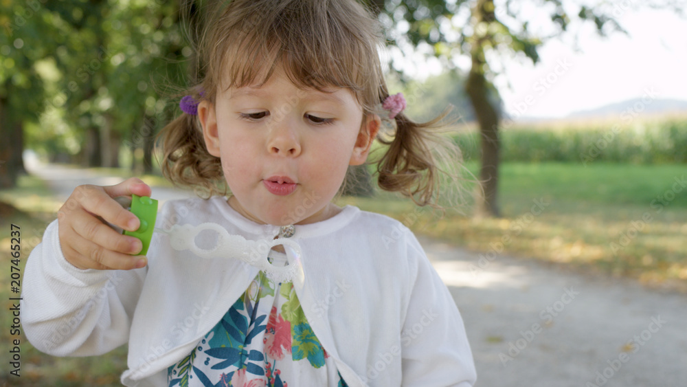 PORTRAIT: Cheerful toddler girl blows soap bubbles on a sunny day in the park. PORTRAIT: Cheerful toddler girl blows soap bubbles on a sunny day in the park.
