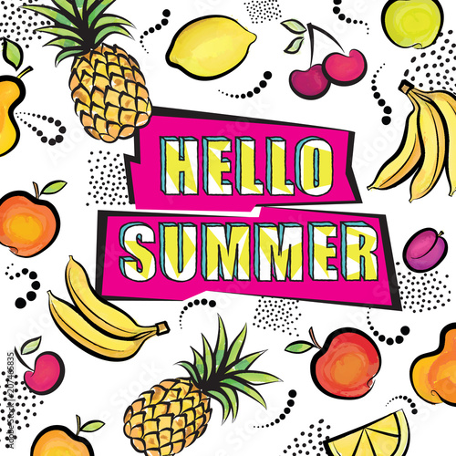 Hello summer card. Tropical fuit set dotted background photo