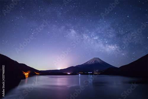 Mountain Fuji and Milkyway at Lake Motosu in winter season photo