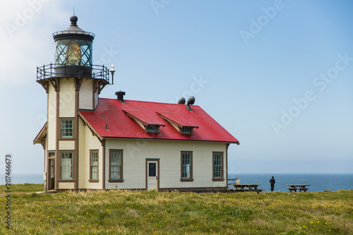 Point Cabrillo lighthouse perched on rocky cliff in Mendocino, California