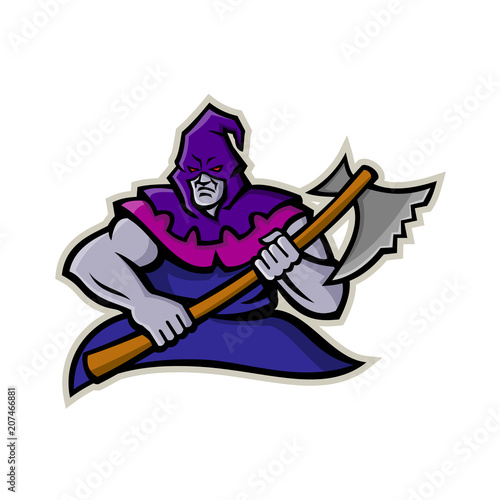 Mascot icon illustration of a hooded medieval or absolutist executioner or headsman  carrying an axe viewed from front on isolated background in retro style.