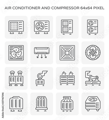Air conditioner icon i.e. air compressor, condenser unit, ventilation, duct, cooling tower and chiller. That is a part of HVAC system to remove heat and moisture, temperature and humidity control.
