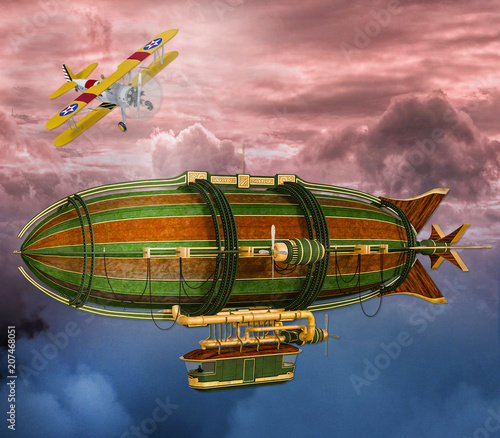  3D Illustration of Retro Steampunk Zeppelin and airplane Scene