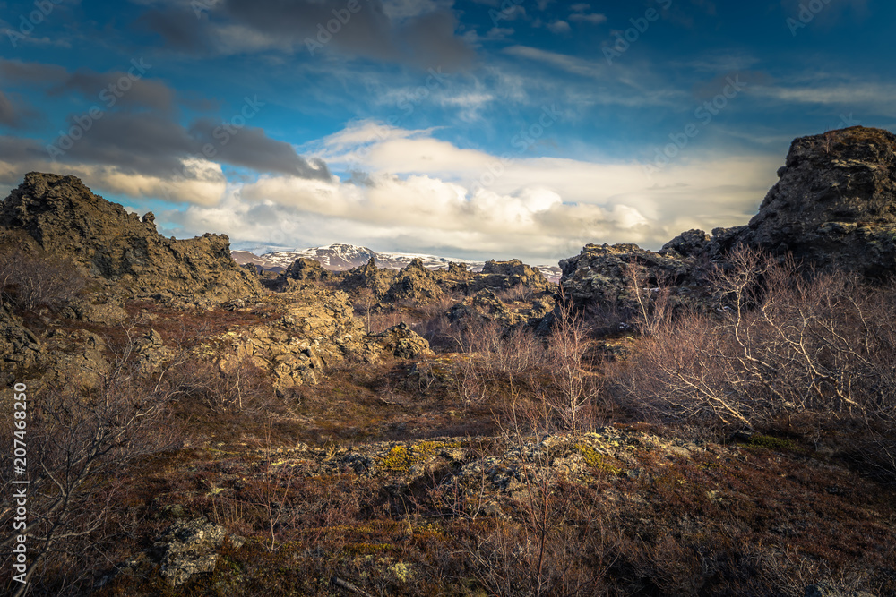 Dimmuborgir - May 06, 2018: Rocky landcape of Dimmuborgir, Iceland