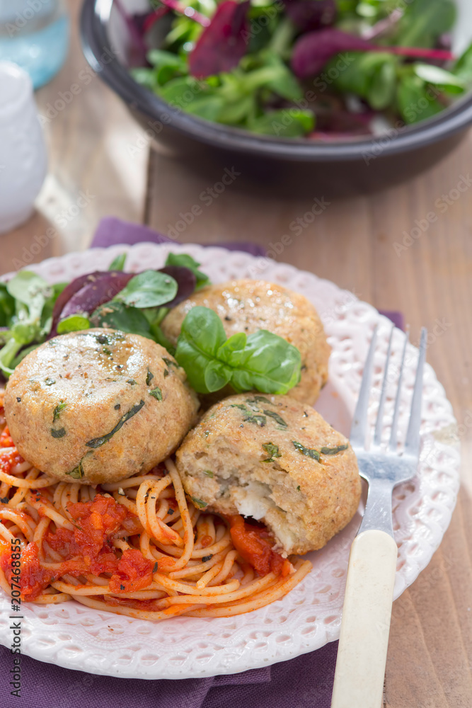 Meatless meatballs made from bread with cheese cheese, basil and spaghetti
