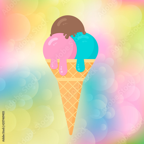 Ice cream on a colorful blurred bokeh background. Cartoon icecream cone  in flat style. Concept of desserts. Summer vector illustration. Italian Gelato.