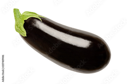 Eggplant from above. Solanum melongena, also aubergine or brinjal. Nightshade. Elongated oval shaped, black skinned fruit, used for cooking. Macro food photo closeup, isolated on white background.