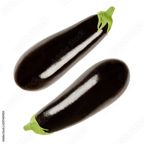 Two eggplants from above. Solanum melongena, also aubergine or brinjal. Nightshade. Elongated oval shaped black skinned fruit, used for cooking. Macro food photo closeup, isolated on white background.