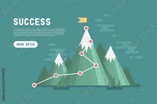 Business goal success concept infographic. Flag on the top of mountain.