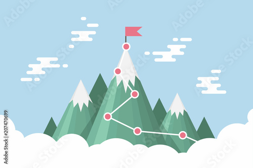Business goal success concept infographic. Flag on the top of mountain.
