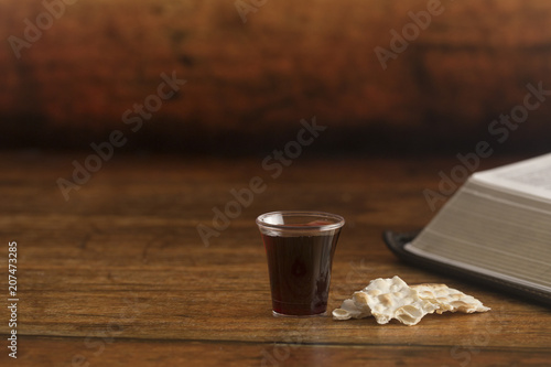 Christian Communion on a Wooden Table