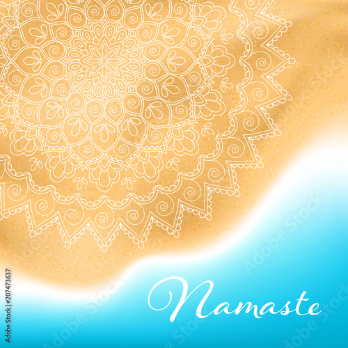 Flyer or brochure template with hand drawn mandala pattern on seashore background. Yoga classes banner. Vector Illustration