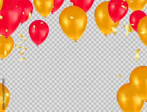 golden and red balloons, gold confetti and streamers