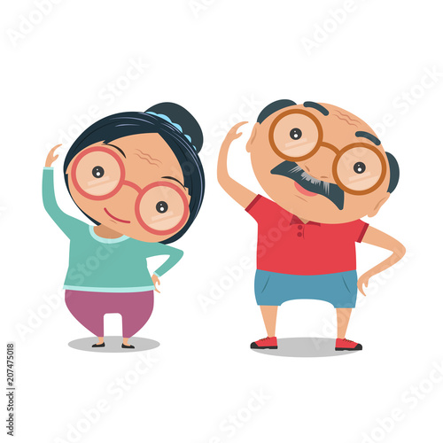 Grandparent, Old senior man and woman the condition of being physically fit and healthy. They are standing exercise for health together isolated on white background. vector and illustration.