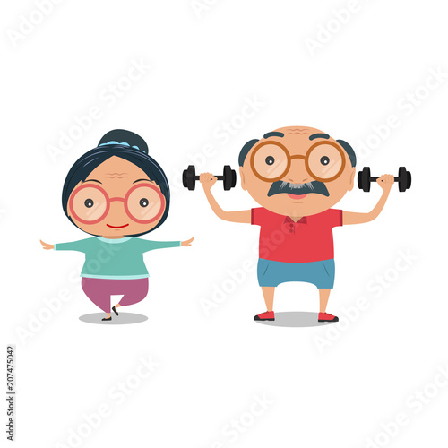 Grandparent, Old senior man and woman the condition of being physically fit and healthy. They are standing exercise for health together isolated on white background. vector and illustration.