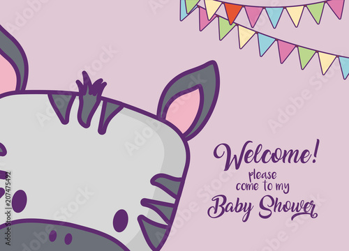Baby shower invitation card with cute zebra icon and decorative pennants over purple background, colorful design. vector illustration