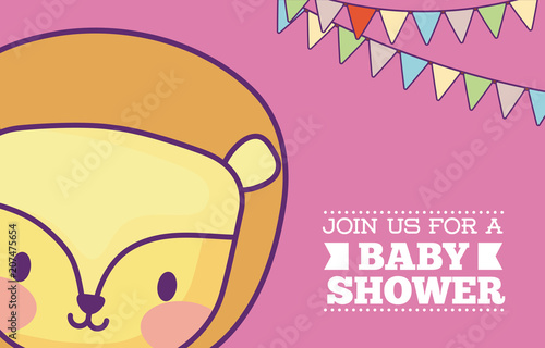 Baby shower invitation card with cute lion  icon and decorative pennants over pink background, colorful design. vector illustration