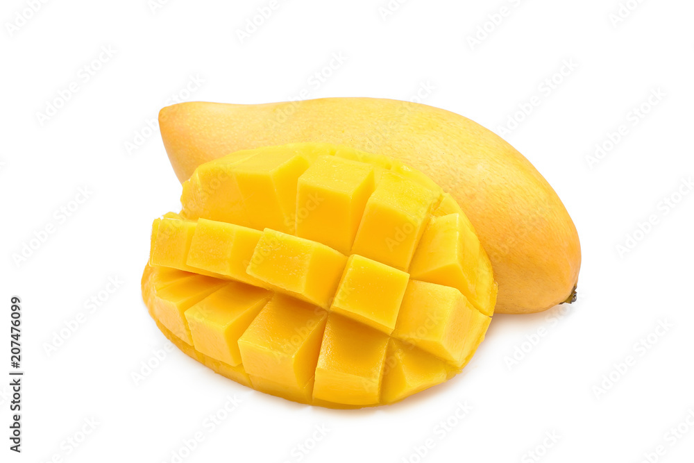 ripe yellow mango fruit with slice isolated on white background ripe yellow mango fruit with slice isolated on white background