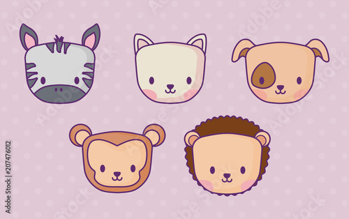 icon set of cute animals over purple background, colorful design. vector illustration